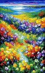 Fototapeta na wymiar Acrylic art painting of meadow of flowers in thickly painted bright colors