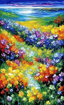Acrylic art painting of meadow of flowers in thickly painted bright colors