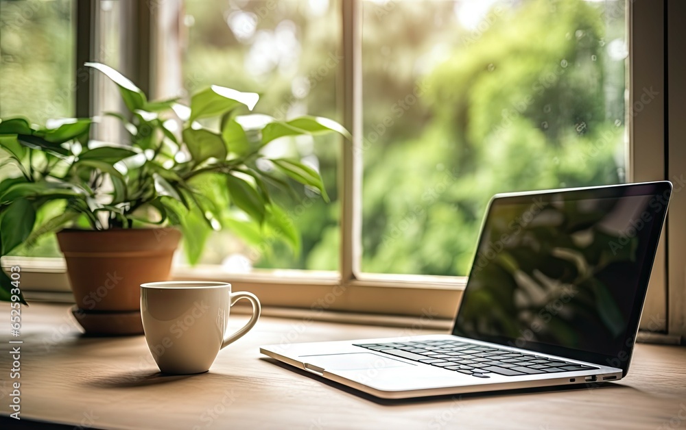 Poster work with view. modern office setup with greenery. tech savvy workspace. laptop on desk with nature 