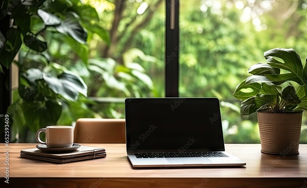Aufkleber work with view. modern office setup with greenery. tech savvy workspace. laptop on desk with nature 