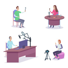 People filming videos with devices vector illustrations set. Content makers using smartphone with tripod, professional camera and microphone, computer set. Technology, cinematography concept