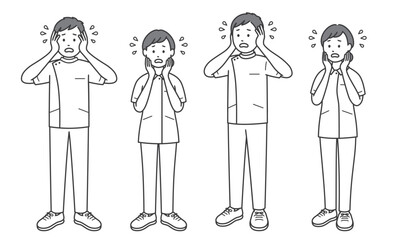 困って焦る看護師男女 片手 斜め