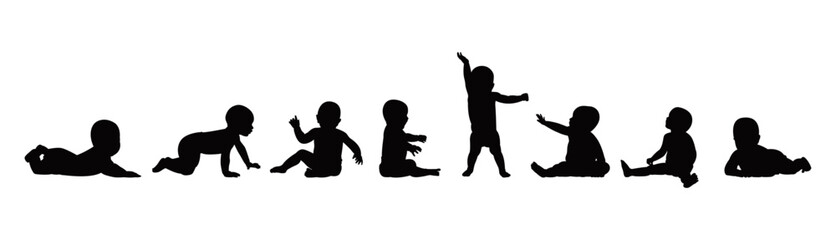 Vector set detailed silhouettes of baby isolated on white background. Baby crawling, sitting, laying, playing and standing vector illustration.