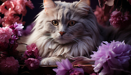 Cute kitten sitting on grass, looking at camera with softness generated by AI