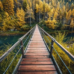 Obraz premium Wooden bridge in autumn forest nature concept road rustic