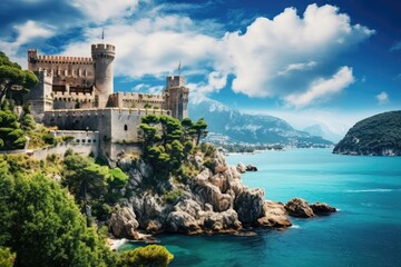 Fototapeta na wymiar Majestic medieval castle perched on a rocky cliff overlooking a tranquil azure sea with billowing white clouds above.