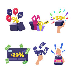 Discount card for Black Friday vector illustrations set. Hand holding gift boxes, shopping bags with sale or special offer price tags, money and coupons. Black Friday, shopping, business concept