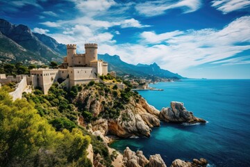 Fototapeta na wymiar Majestic medieval castle perched on a rocky cliff overlooking a tranquil azure sea with billowing white clouds above.