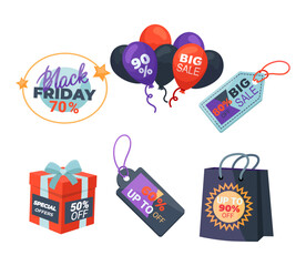Black Friday gifts and purchases vector illustrations set. Colorful balloons, gift boxes, shopping bag, price tags and labels, special offer stickers. Black Friday, shopping, business concept