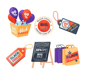 Discount labels for Black Friday vector illustrations set. Shopping bags, gift boxes with balloons, special offer price tags, stickers and promotion banners. Black Friday, shopping, business concept