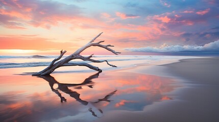 closeup tree branch beach sunset background new zealand landscape magazine alternative reality mirrors opalescent colors driftwood sculpture real life loss inner self young - obrazy, fototapety, plakaty