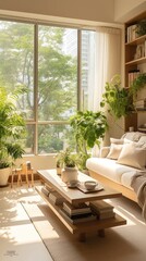 Urban Oasis: A Serene Living Room Retreat Amidst the City. Generative AI 11