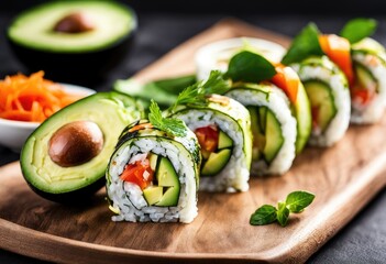 A vegetable sushi roll with avocado and cucumber. Generative AI