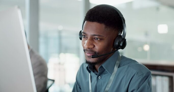 Happy black man, face and call center in customer service, support or telemarketing at office. African male person, consultant or agent with headphones for consulting in contact us or online advice