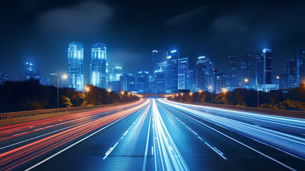 Road light in city, night megapolis highway lights of cityscape , megacity traffic with highway road motion lights, long exposure photography. - obrazy, fototapety, plakaty