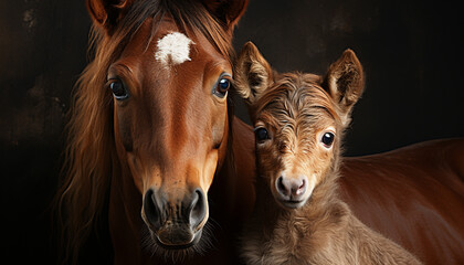 Cute horse and foal grazing in meadow, looking at camera generated by AI