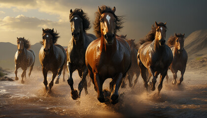 Running stallions in a picturesque meadow, embodying freedom and beauty generated by AI