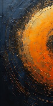 circular design yellow center orange planet metallic nebula background well scratches spiraling upward flowing rhythms early pouring techniques vibrant dial trance music