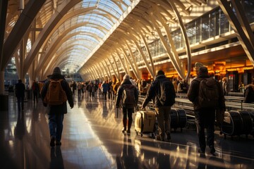 Busy airport terminal, with travelers rushing past and luggage carts contributing to a dynamic blur, Generative AI