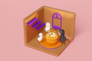 3d isometric room for halloween holiday party with cute ghost, grim reaper hand holding scythe, pumpkin head snack basket isolated on pink background. 3d render illustration