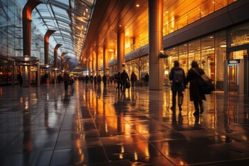 Fototapeta premium Busy airport terminal, with travelers rushing past and luggage carts contributing to a dynamic blur, Generative AI