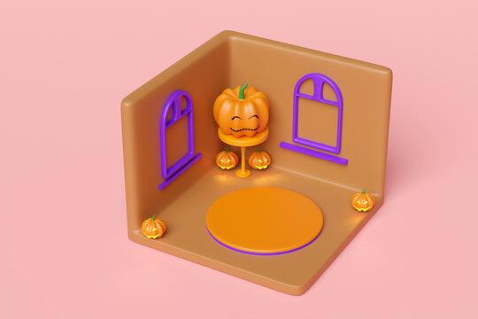 3d isometric room for halloween holiday party with cylinder stage podium empty, pumpkin head on round table isolated on pink background. 3d render illustration