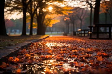  City park in autumn, with falling leaves creating a colorful and ethereal blur in the background, Generative AI