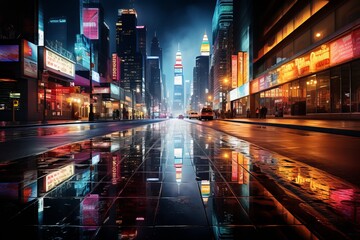 Fototapeta na wymiar Cityscape at night, capturing the neon lights of skyscrapers in a stunning urban blur, Generative AI