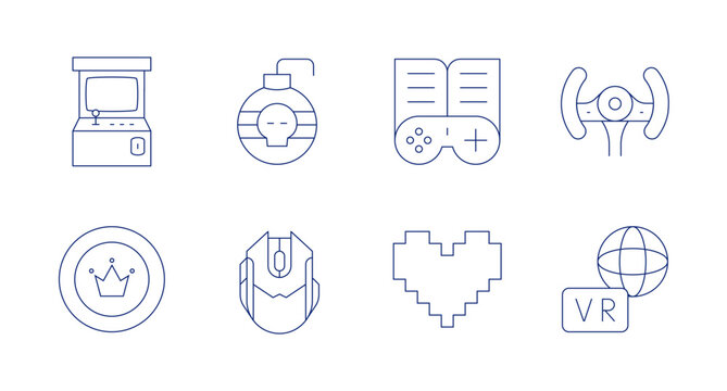 Gaming icons. Editable stroke. Containing arcade game, bomb, casino chip, computer mouse, gamepad, heart, steering wheel, virtual.