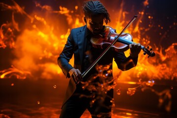 Fototapeta premium Musician playing a violin on a dimly lit stage, with the dramatic blur of their moving bow and strings, Generative AI