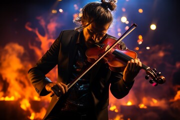 Fototapeta premium Musician playing a violin on a dimly lit stage, with the dramatic blur of their moving bow and strings, Generative AI