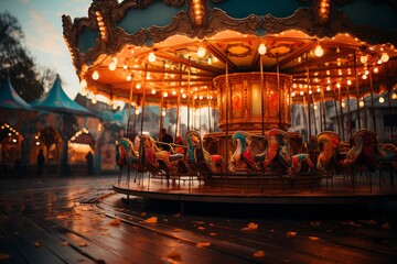  Vibrant carnival with a spinning carousel, capturing the thrill of the ride against a blurred backdrop, Generative AI