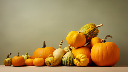 Assortment of pumpkins and squashes on a solid colored background