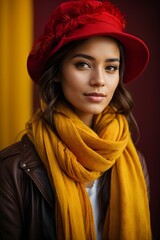 Beautiful Young Woman with Red Hat and Scarf on solid yellow Background. Generative ai.