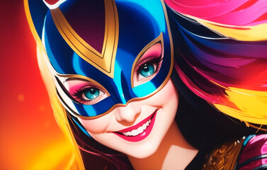 Portrait of a handsome young woman in superhero costume and wearing a mask