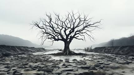 single tree in a dead land, hunted feeling, HD quality image