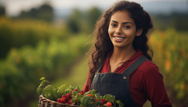 Woman with basket of vegetables, created with ai generative technology