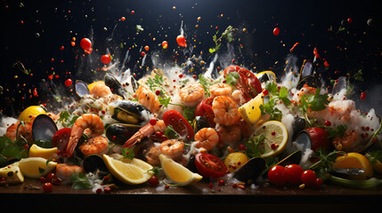delicious seafood with lemon, orange, cooking, food day