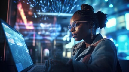 Young person working on laptop. owner online shop.