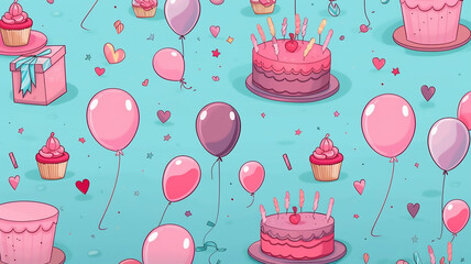 Playful Seamless Background with Hand Drawn Party Cakes