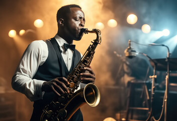 African American jazz performer plays the saxophone on stage. - obrazy, fototapety, plakaty