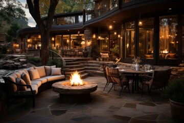 Fototapeta na wymiar Outdoor patio with stylish outdoor furniture and a cozy fire pit, Generative AI
