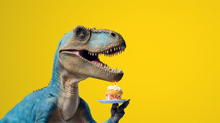 Yellow Dinosaur Eating Birthday Cake Slice over Blue