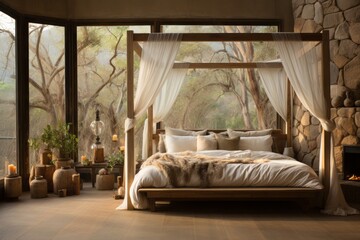 Serene bedroom with a canopy bed and soft, earthy tones, Generative AI