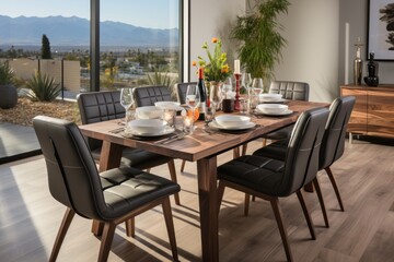 Fototapeta na wymiar Stylish dining room featuring a contemporary table and chairs set for a family gathering, Generative AI