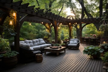 Well-designed outdoor deck with a pergola, lounging area, and greenery, Generative AI - obrazy, fototapety, plakaty