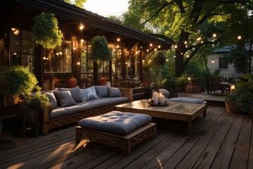 Well-designed outdoor deck with a pergola, lounging area, and greenery, Generative AI - obrazy, fototapety, plakaty