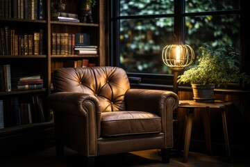  Well-lit reading nook with a comfortable armchair, bookshelves, and soft lighting, Generative AI