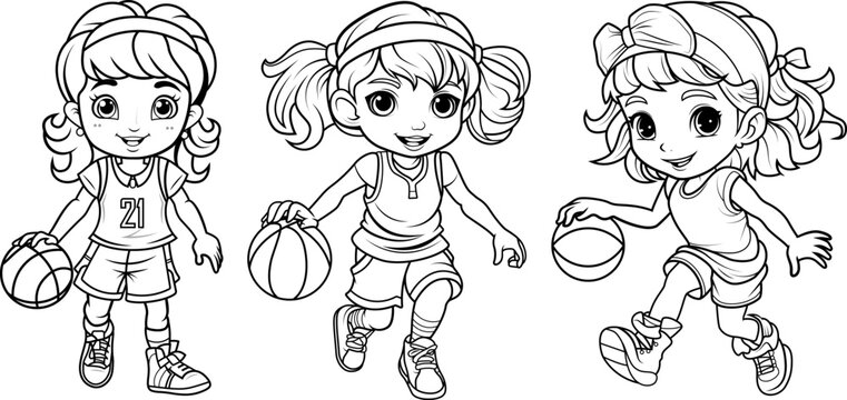 Set of hand drawn outline of female basketball player 