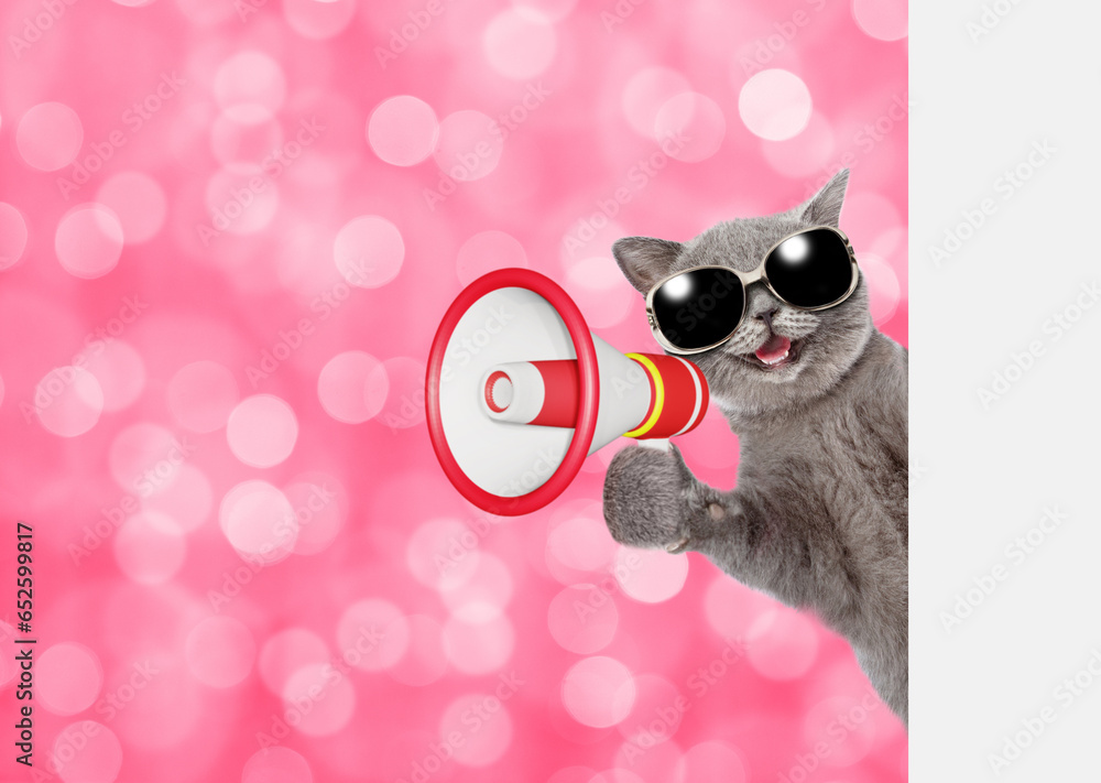 Aufkleber happy cat wearing sunglasses meowing into megaphone and looks from behind empty white banner. shade 